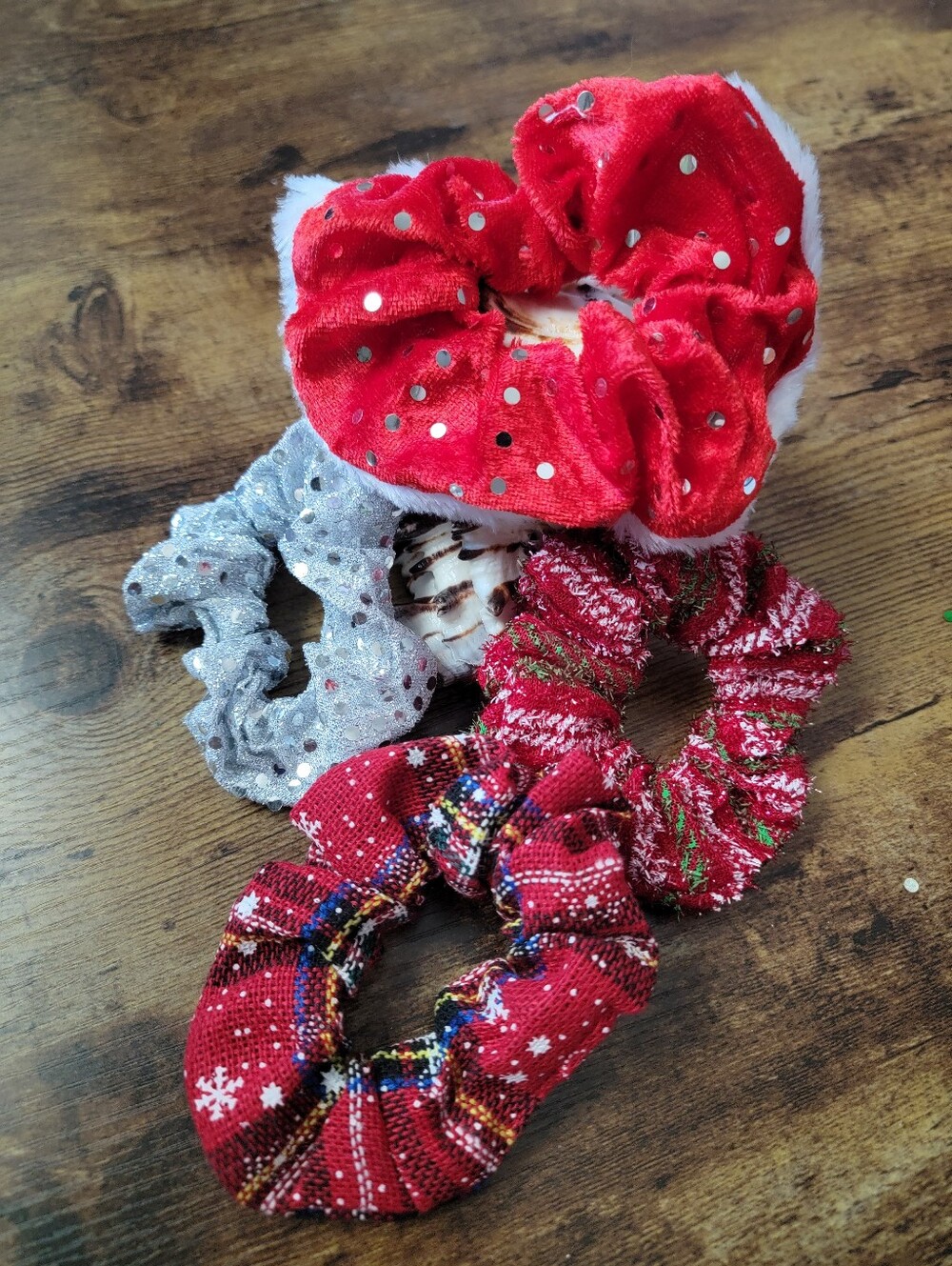 4pcs Holiday Scrunchie Set - Red and Silver Hair Accessories